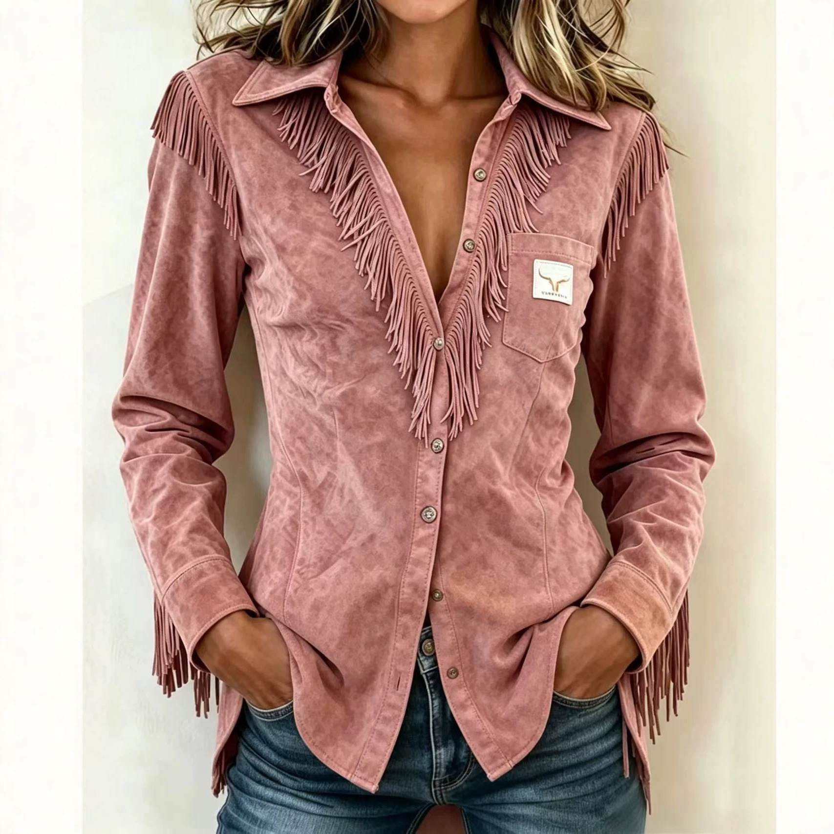 Western Cowboy Suede Fringe Vintage Long-Sleeve Shirt