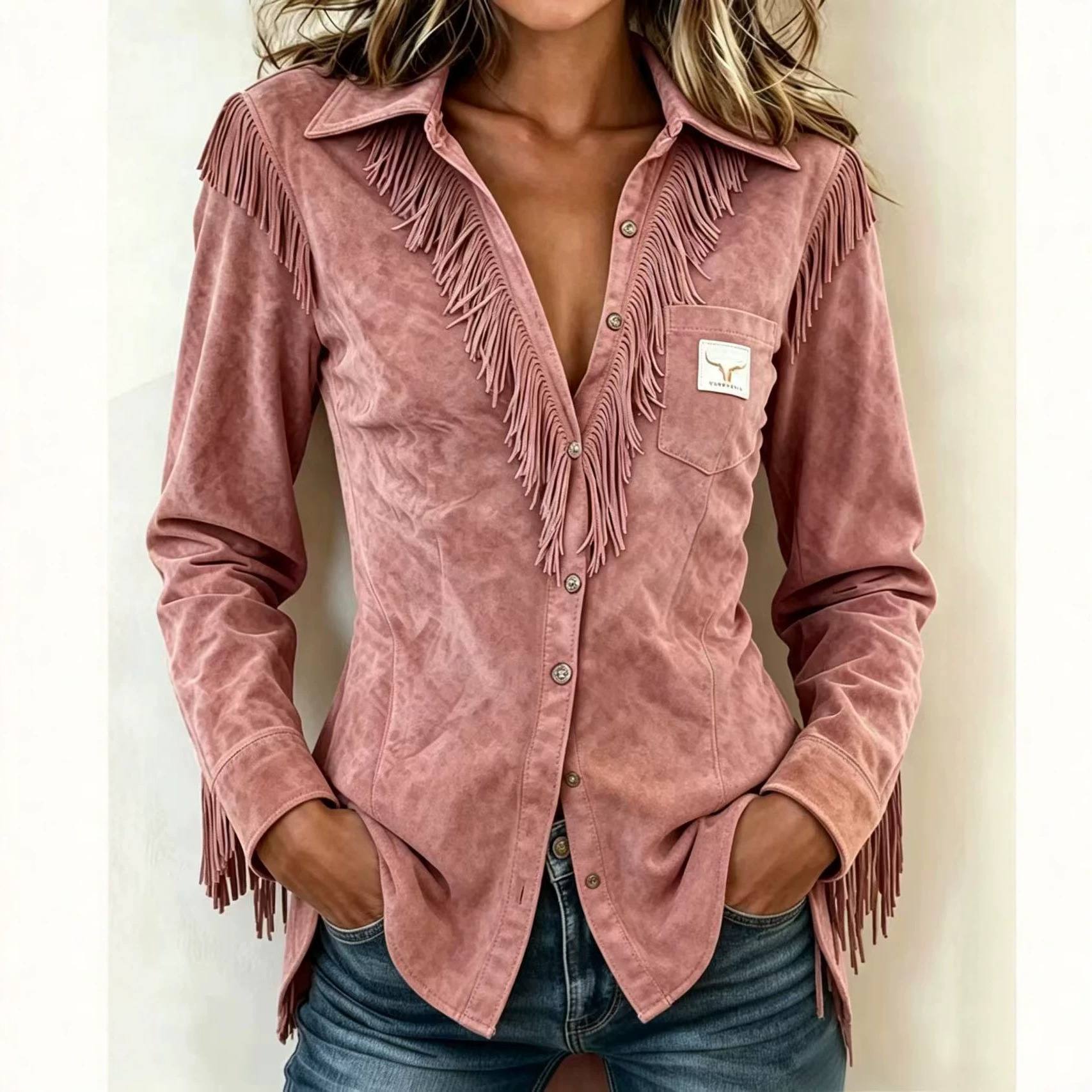 Western Cowboy Suede Fringe Vintage Long-Sleeve Shirt