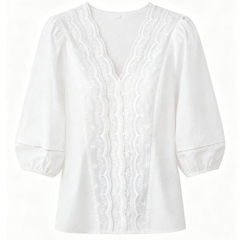 Lace-trimmed Hollow-out V-neck Blouse For Women