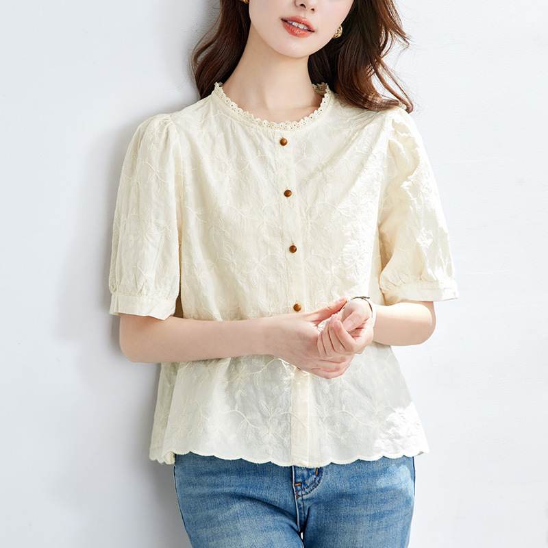 Womens Lace-trimmed Round-neck Shirt