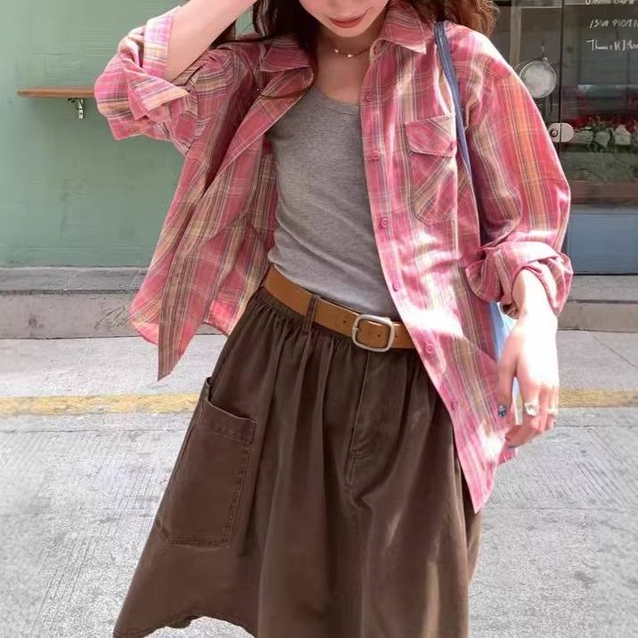 Womens Relaxed-fit Plaid Casual Blouse