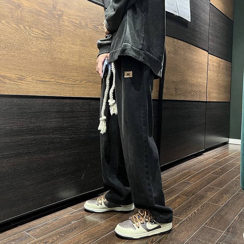 Mens Elastic-waist Drawstring Jeans Loose-fit Straight-leg Style