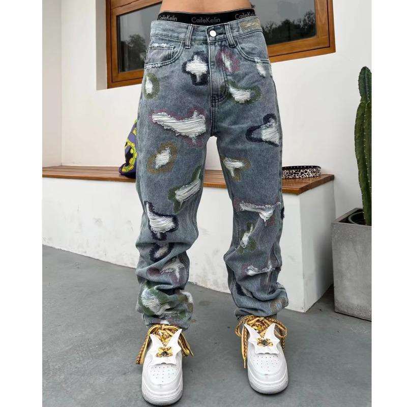 American-style Heavy-duty Distressed Patchwork Jeans
