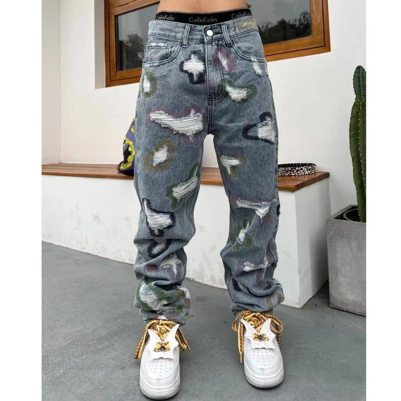 American-style Heavy-duty Distressed Patchwork Jeans