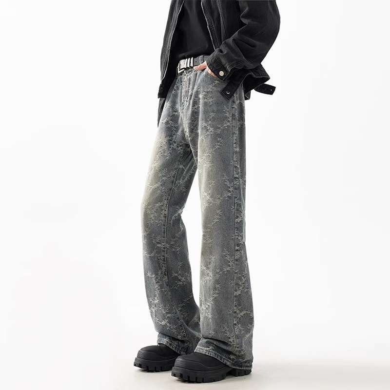 Men's Jacquard Denim Washed Straight-leg Cropped Flared Pants