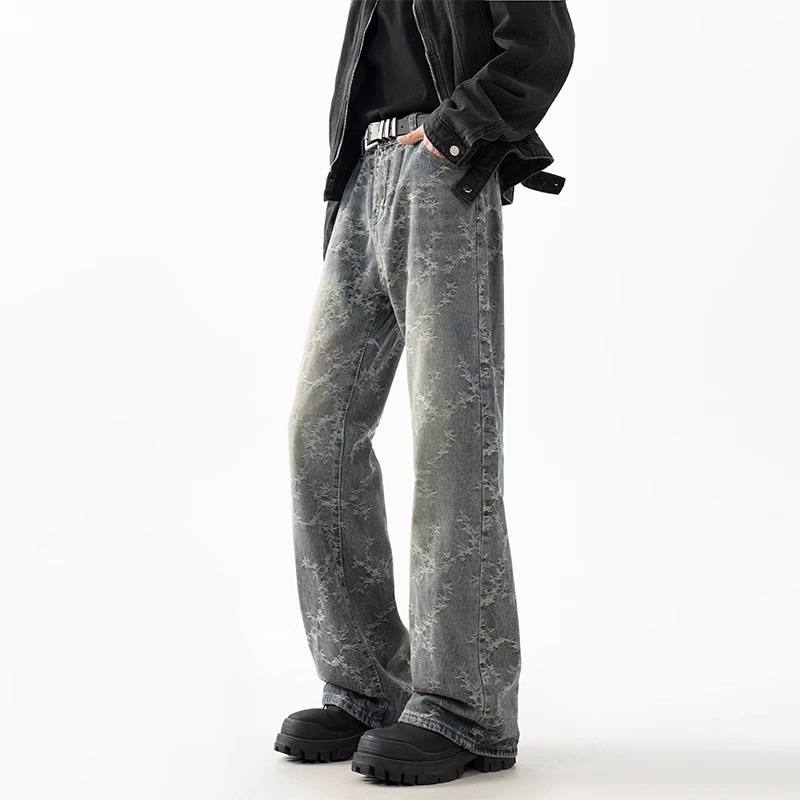 Men's Jacquard Denim Washed Straight-leg Cropped Flared Pants