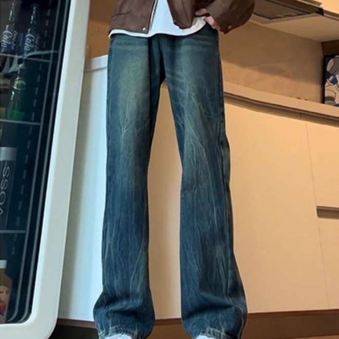 Mens Washed Straight-Slit Denim Jeans