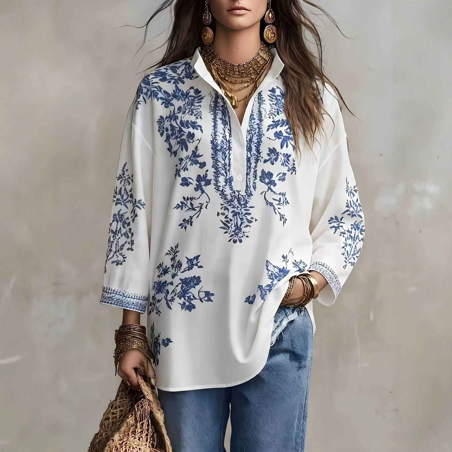Women's Blue-and-white Porcelain-printed Shirt