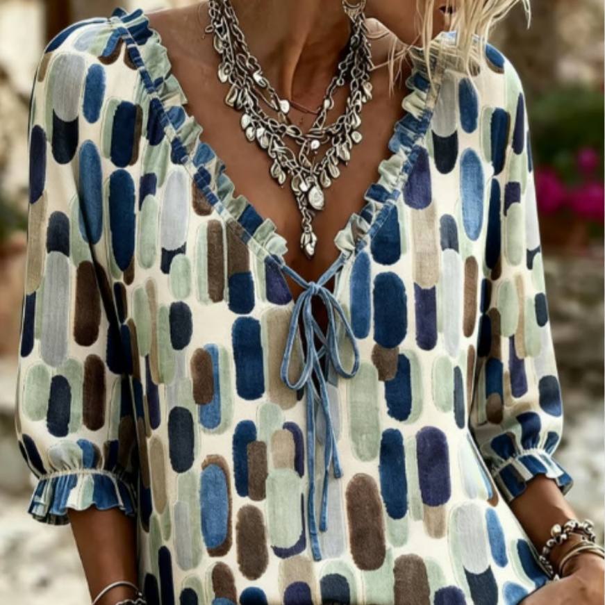 Womens Floral Print Flowing-ribbon Loose V-neck Shirt