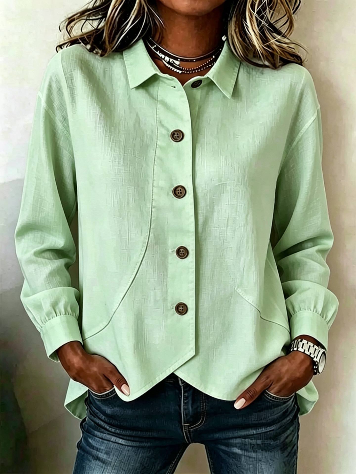 Womens Solid-color Long-sleeve Casual Asymmetrical Blouse