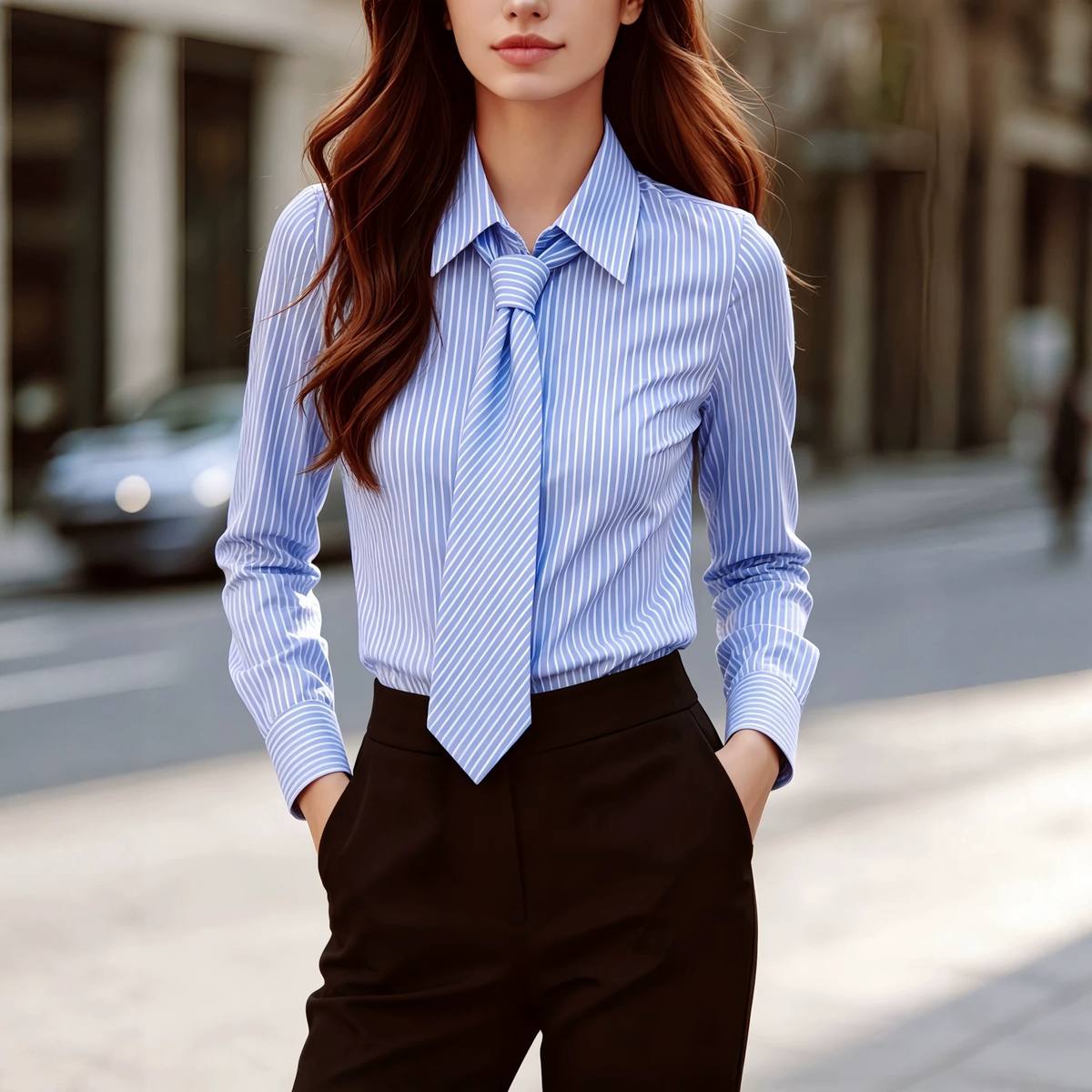 Autumn New Womens Fashionable Casual Striped Tie-Neck Shirt