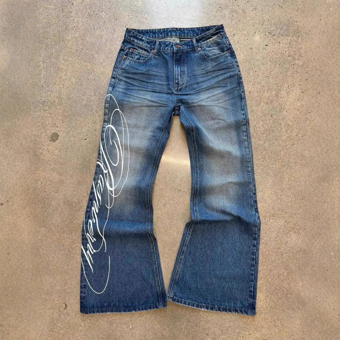 Men's Letter-print Vintage Washed Jeans