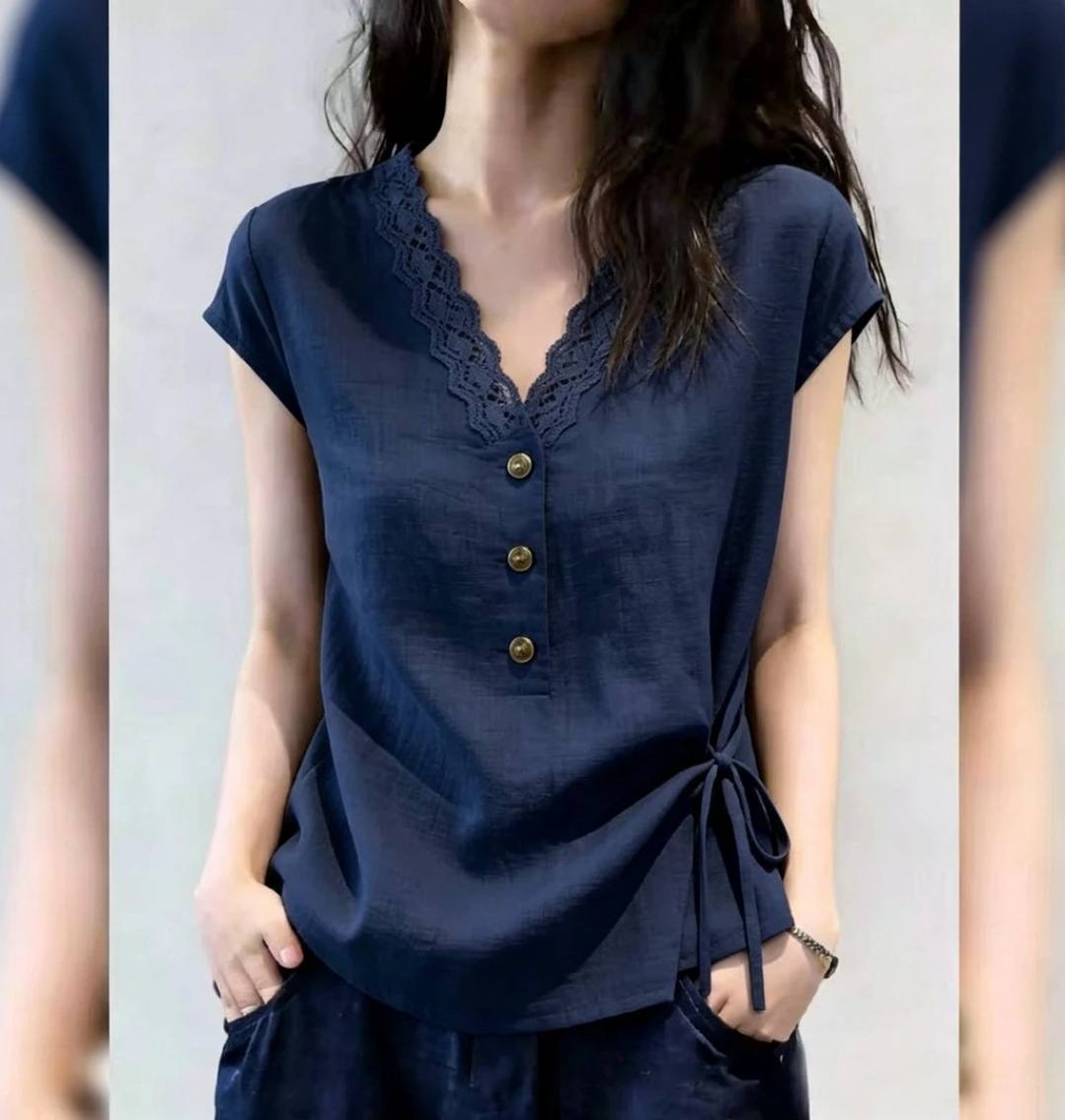 Women's V-Neck Lace Trim Short Sleeve Blouse