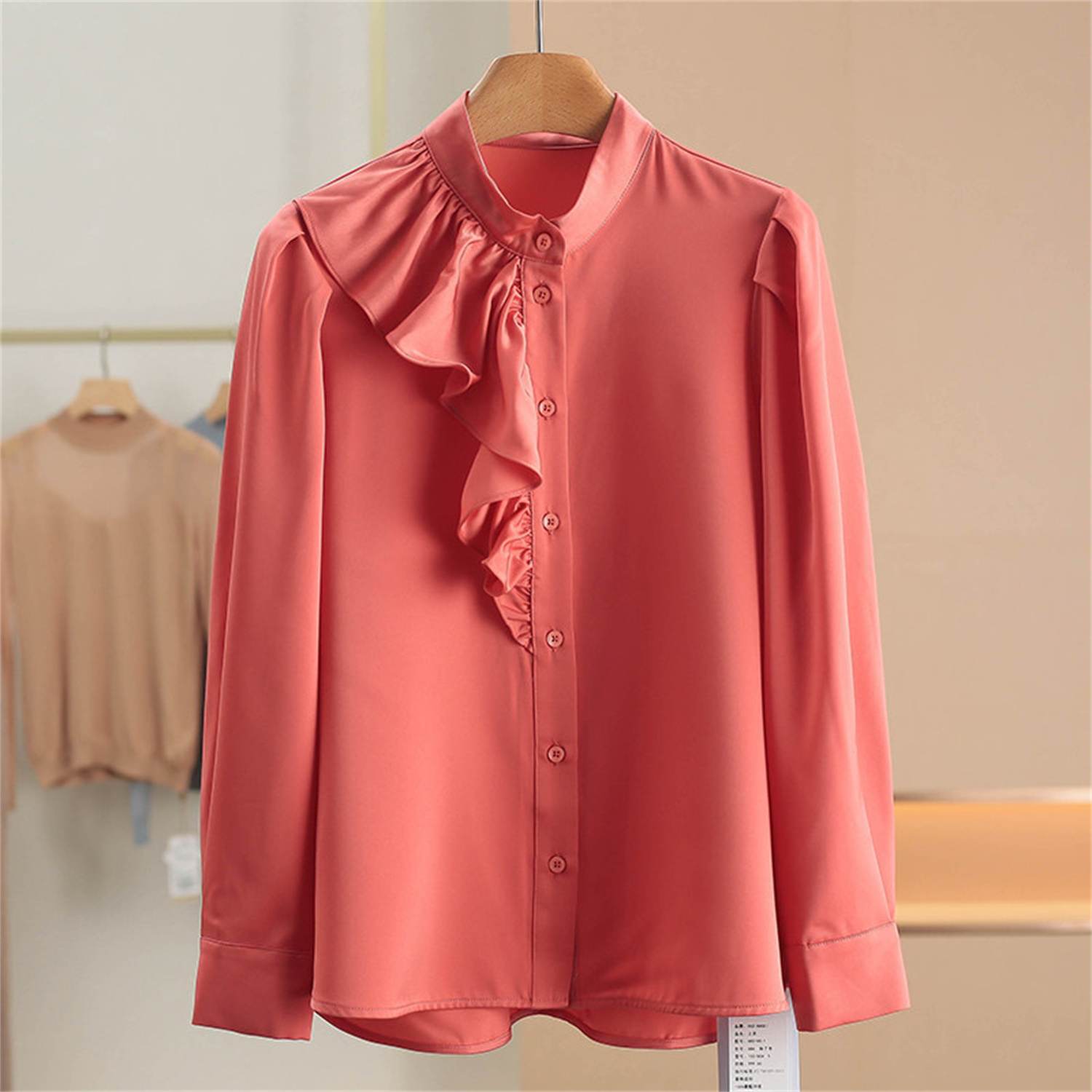 Round Neck Ruffled Solid Color Simple Shirt