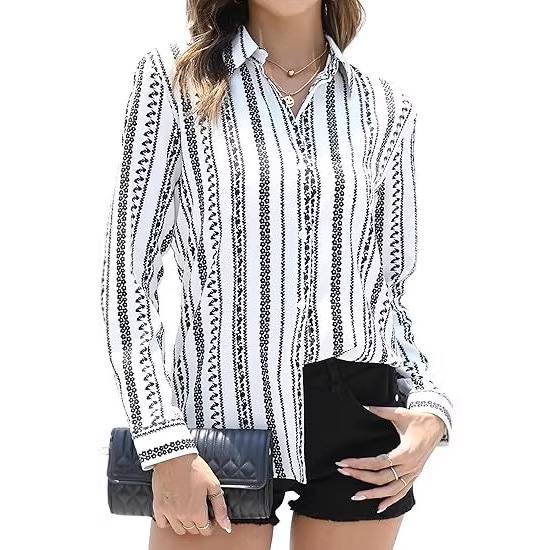 Shirt Top V-neck 3D-printed Sheer Chiffon Blouse