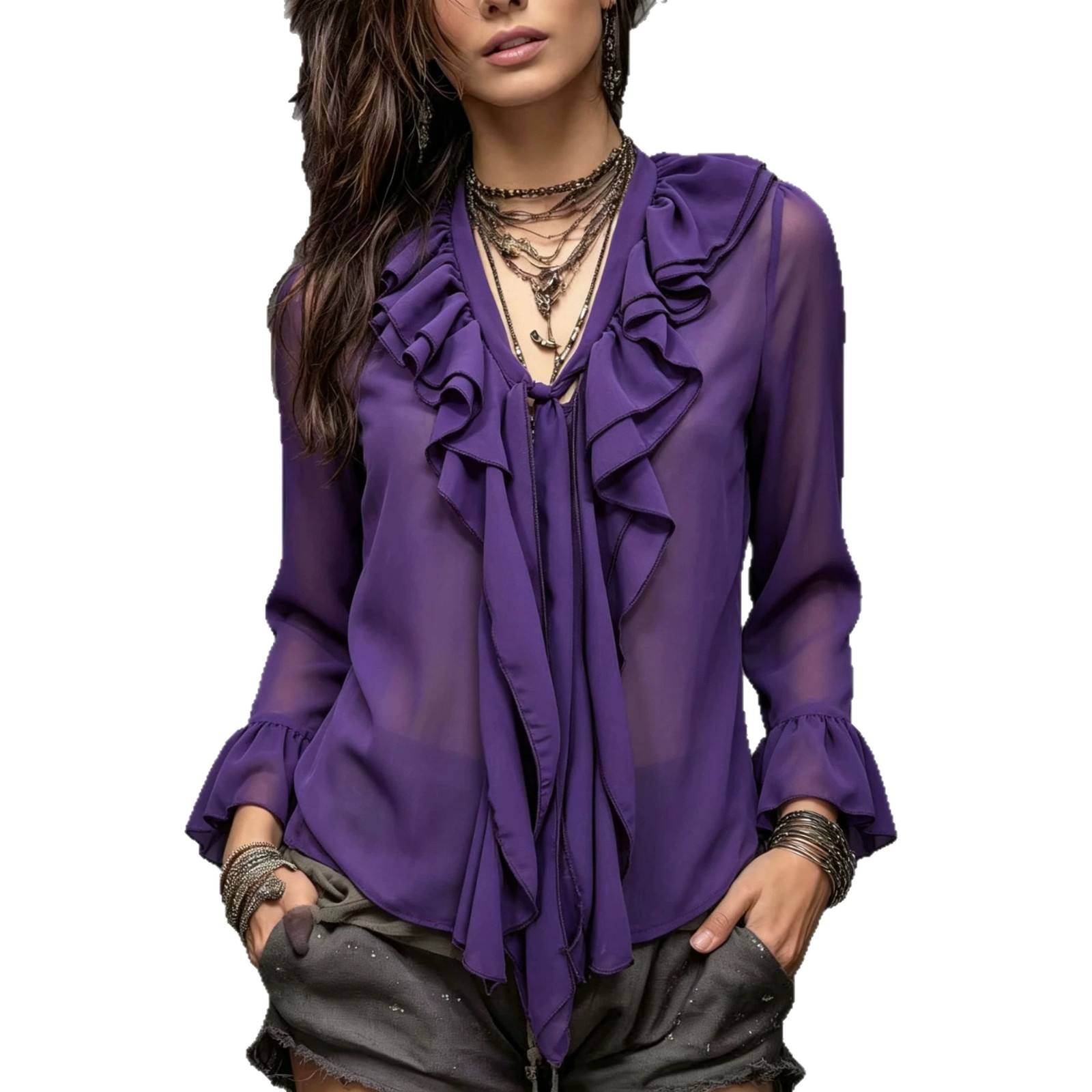 Bohemian Chiffon See-through Ruffled Blouse For Women