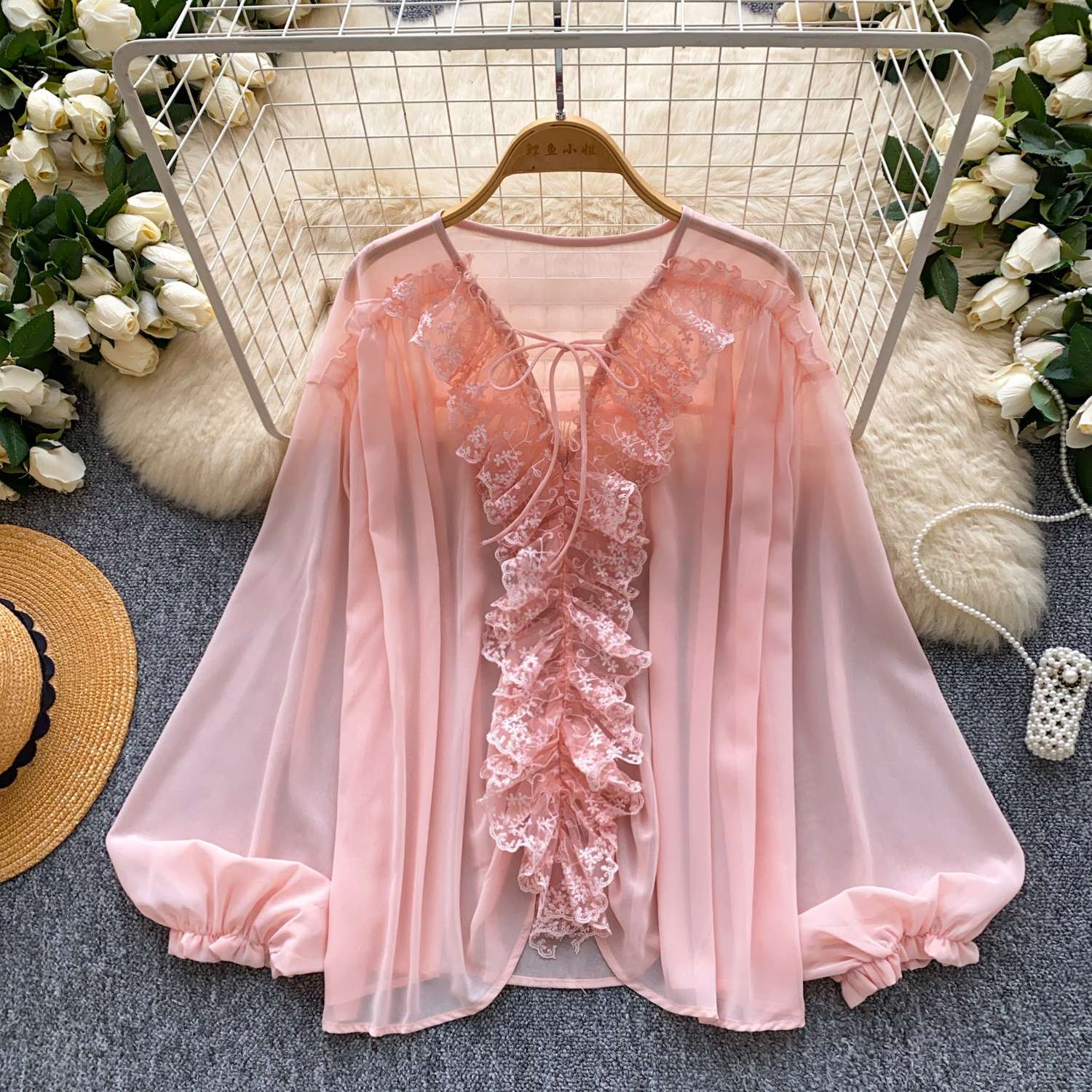 Womens Solid-Color French-Style Gentle V-Neck Ruffle-Trim Shirt