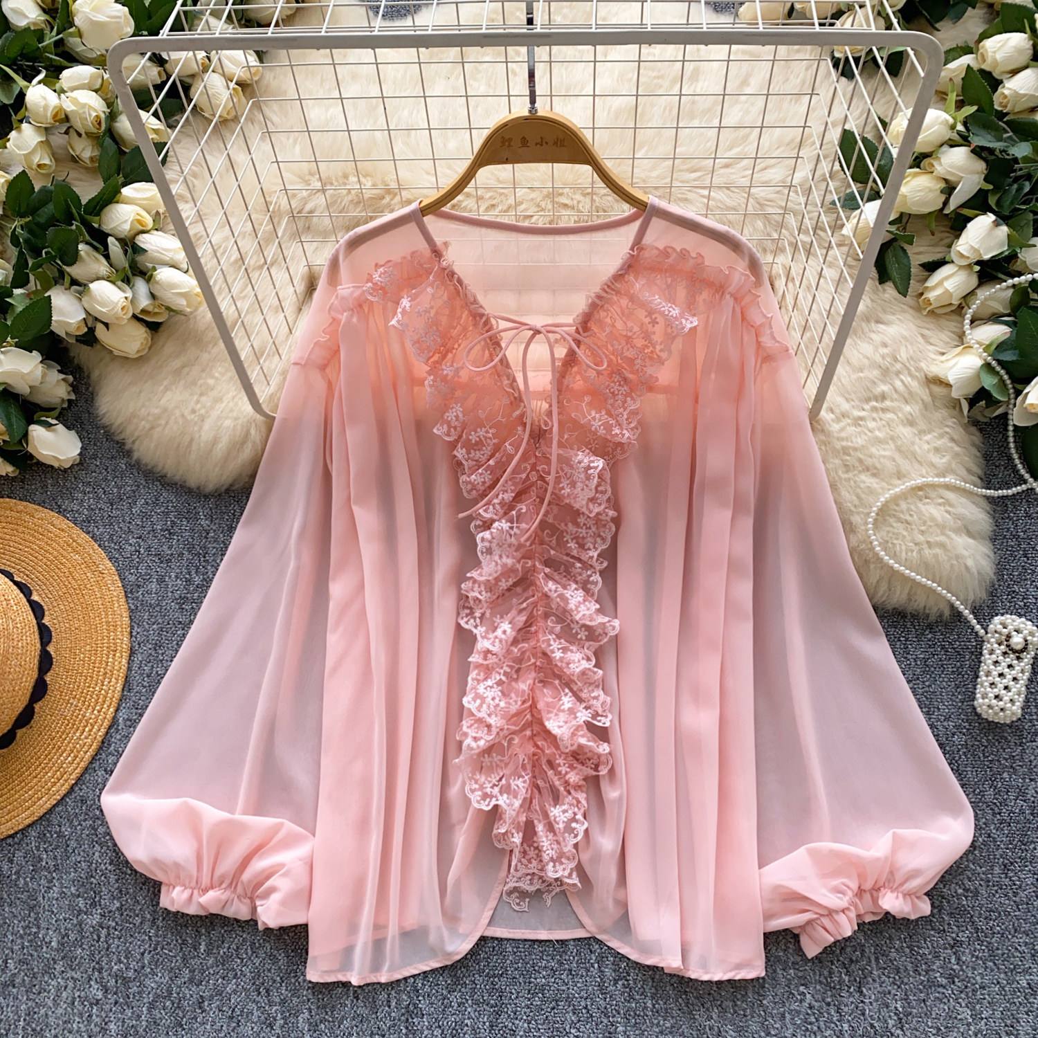 Womens Solid-Color French-Style Gentle V-Neck Ruffle-Trim Shirt