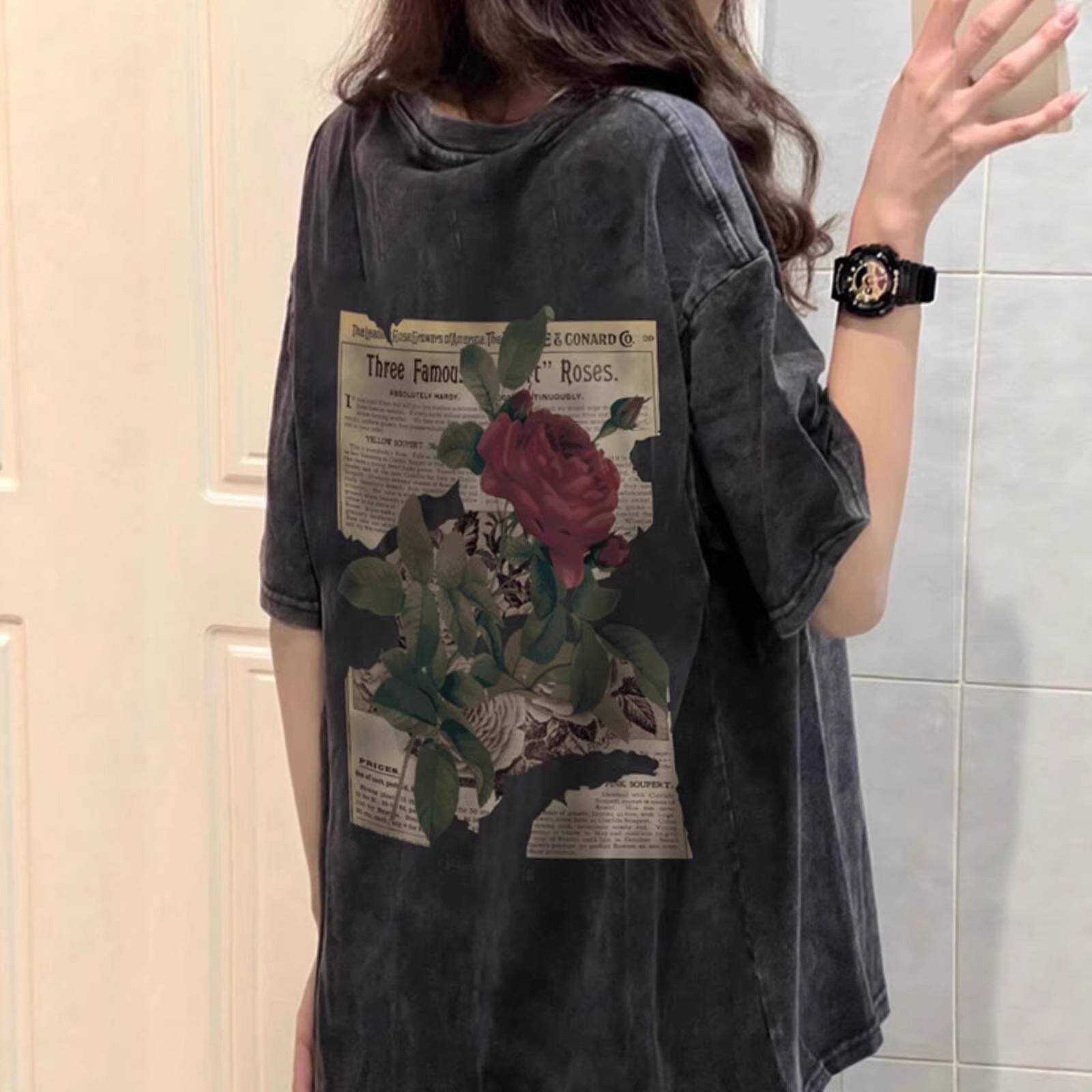 Cotton American-style Vintage Washed-and-faded Black Short-sleeve Shirt