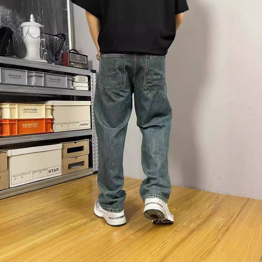 Mens Loose Fit Straight Leg Denim Trousers Vintage Washed Style Trendy Casual Long Pants