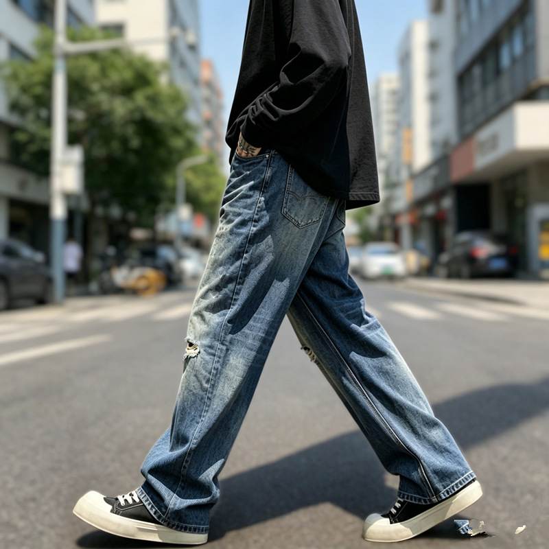 Mens Distressed Washed Ripped Baggy Straight Leg Denim Jeans