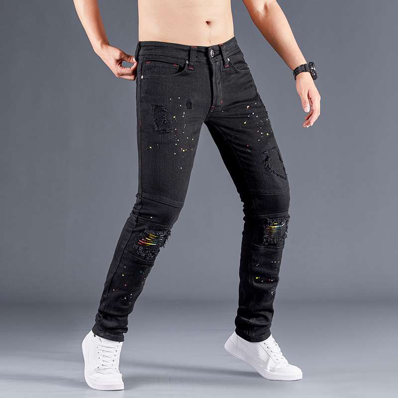 Stretch Black Jeans Biker-style Assorted Styles Patchwork Painted Effect