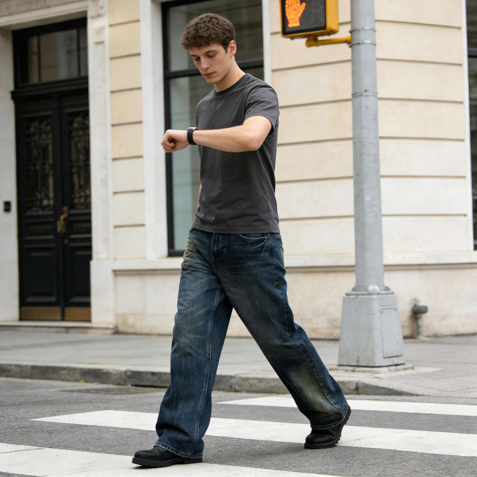 Mens Retro Washed Wide-Leg Loose-Fit Denim Jeans