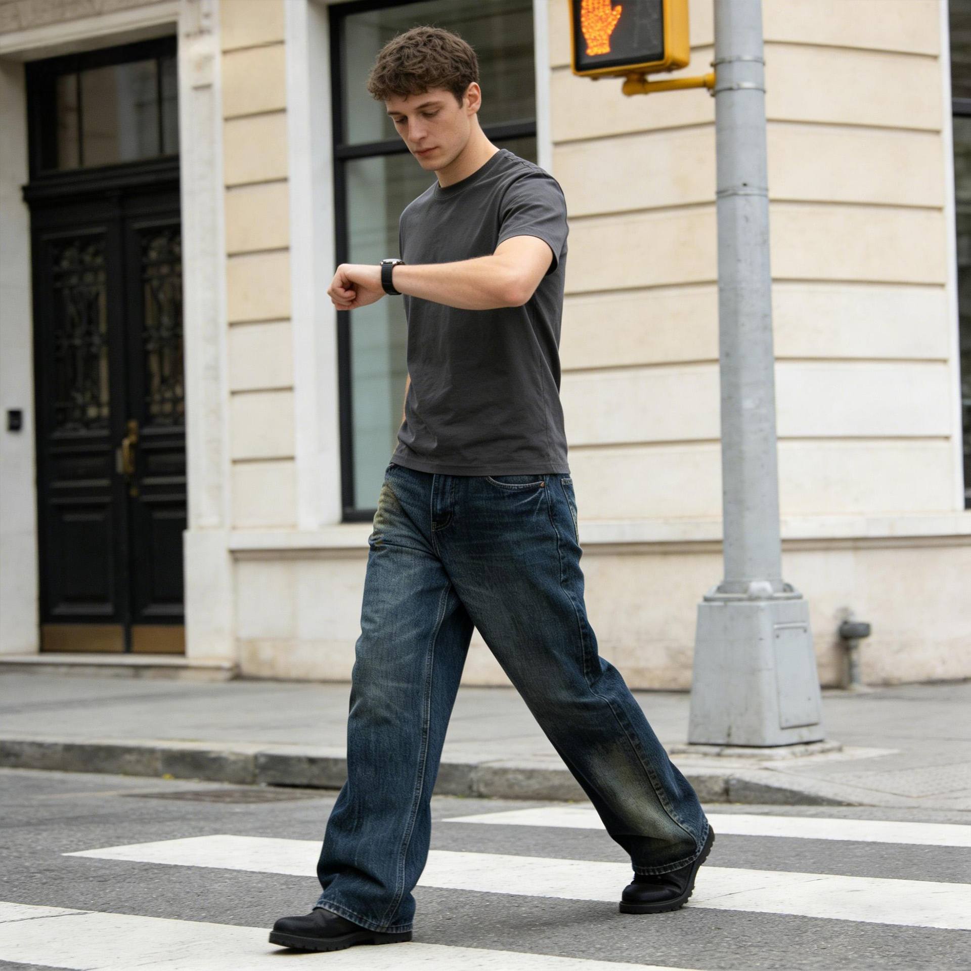Mens Retro Washed Wide-Leg Loose-Fit Denim Jeans