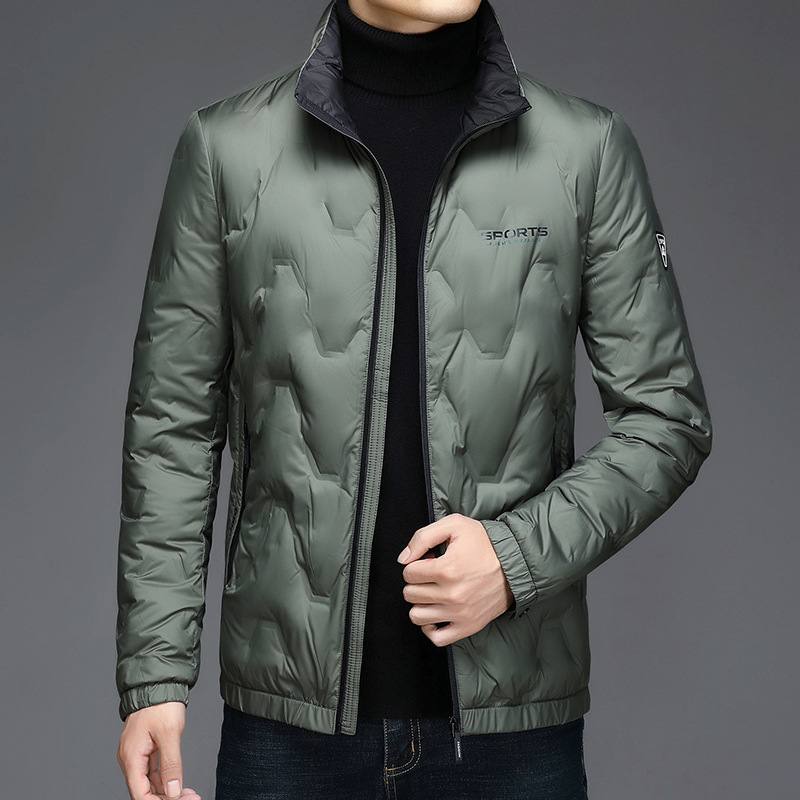 Geometric embossed letters stand-up collar down jacket