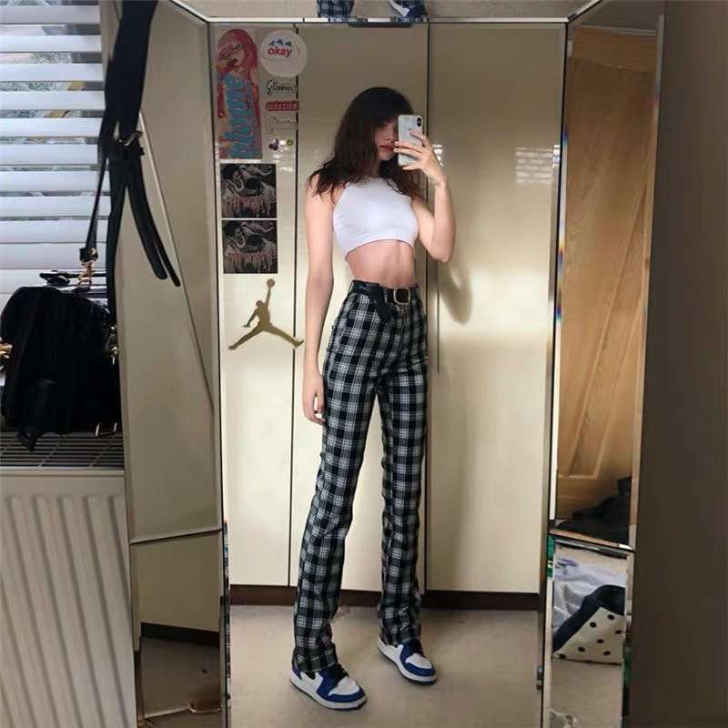 Black and white lattice slim casual pants