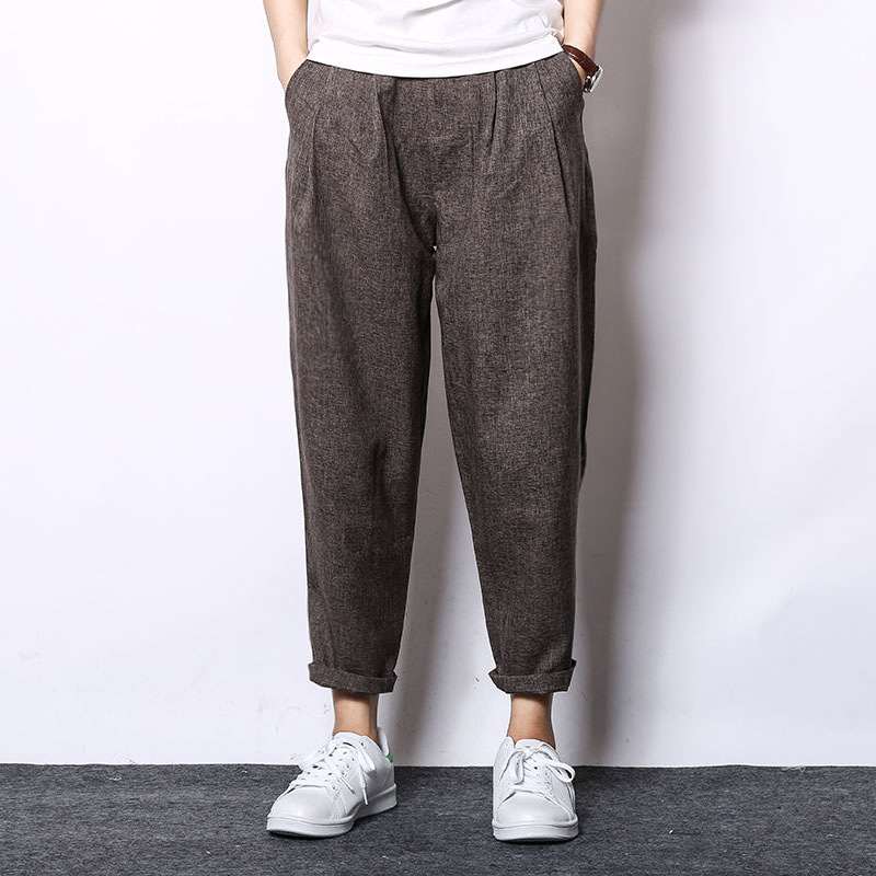 Loose cotton and linen casual cropped trousers