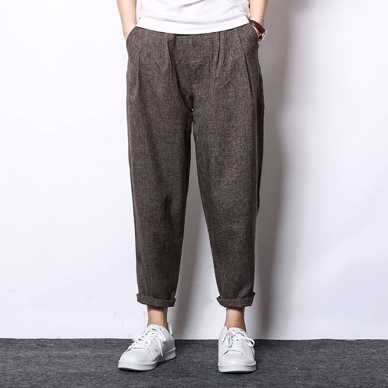 Loose cotton and linen casual cropped trousers