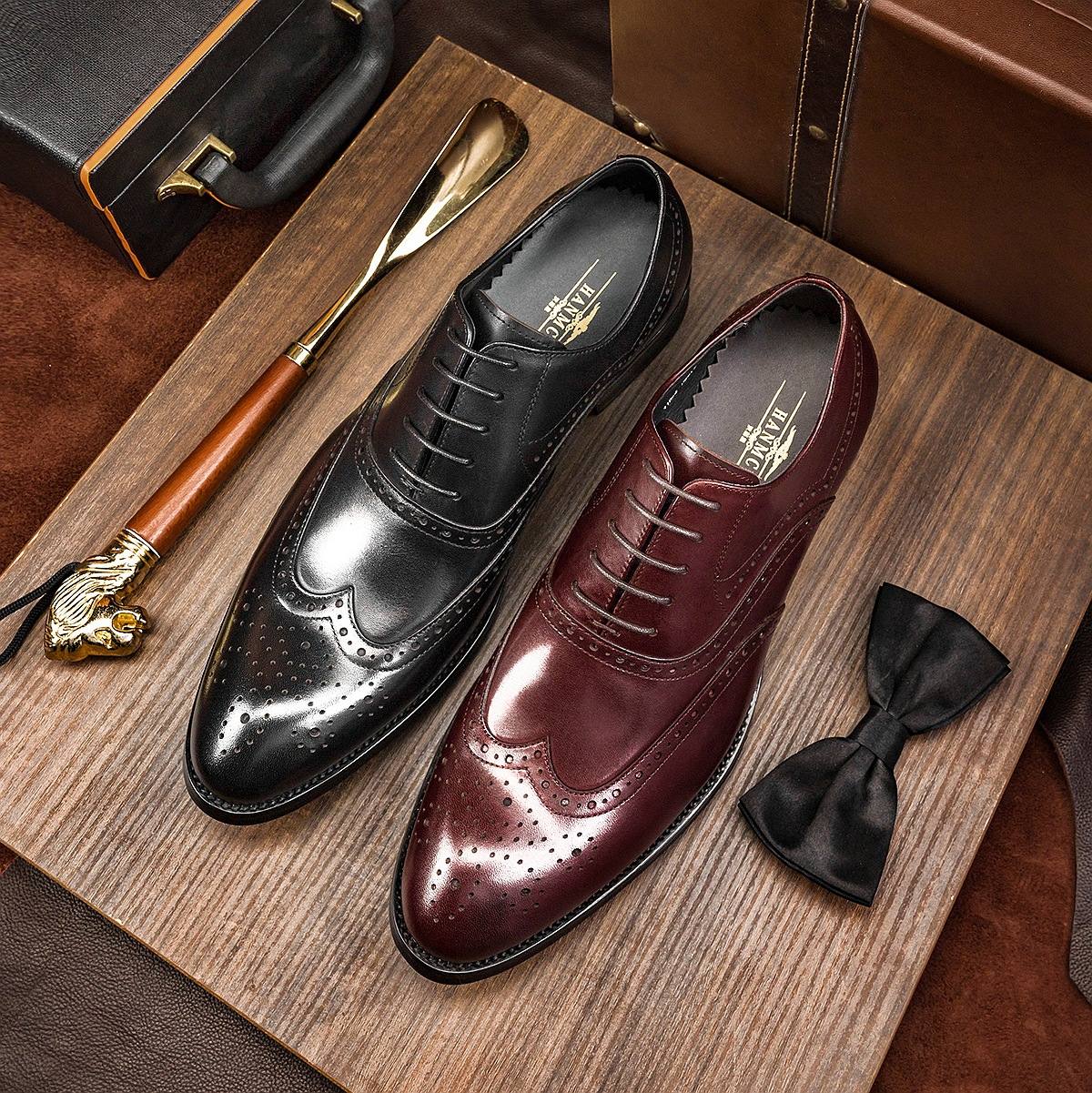 Cowhide Formal Men's Shoes, British Business Casual Shoes, Men's Lace-Up Carved Brogue Shoes