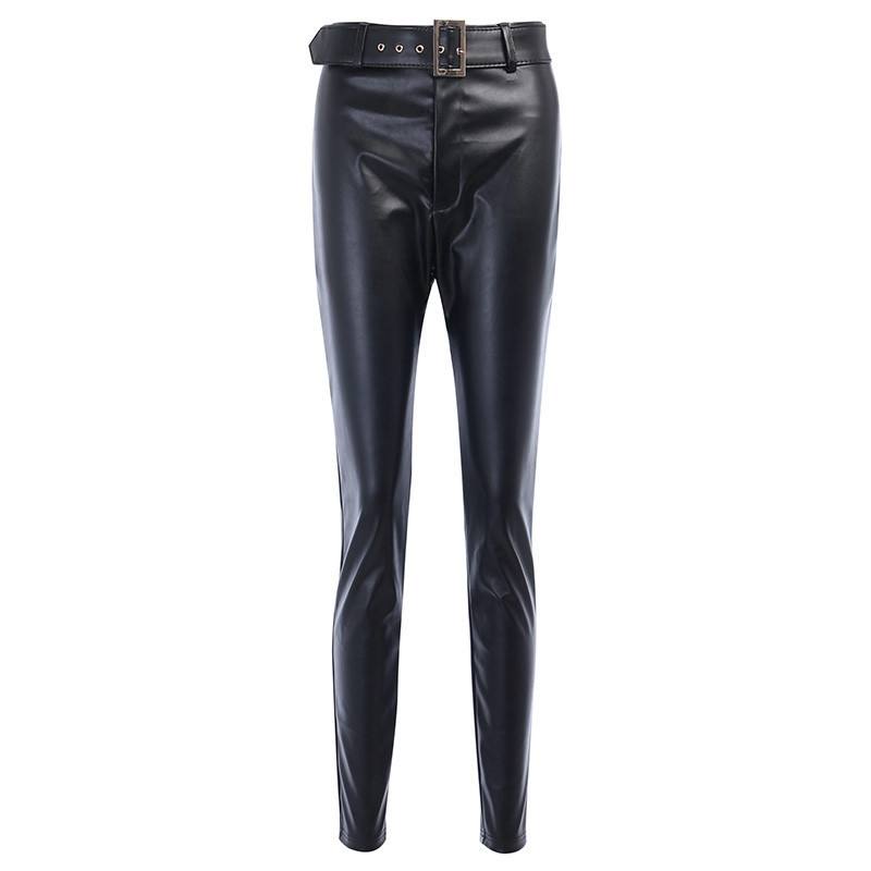 Fashion casual belt tight faux leather pants