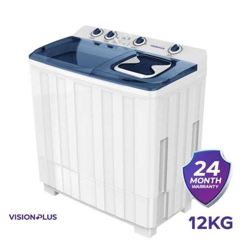 Vision Plus 12KG Twin Tub Top Load Washing Machine – Turbo Dry, Rodent Protection, Washes Duvets & Blankets, Low Power, White & Blue (2YRS WRTY)