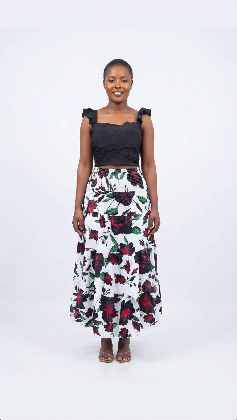 Black Ruffle Crop Top and Floral Tiered Maxi Skirt Se