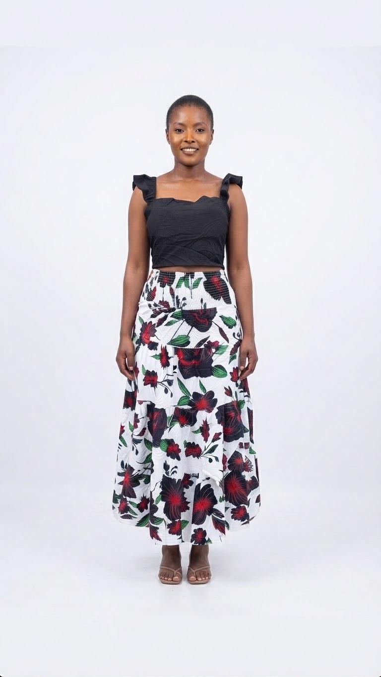 Black Ruffle Crop Top and Floral Tiered Maxi Skirt Se
