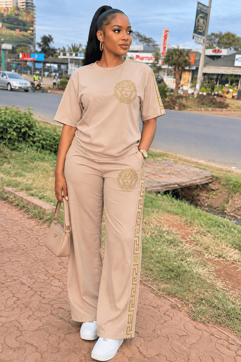Luxe Beige Versace-Style Two-Piece Set