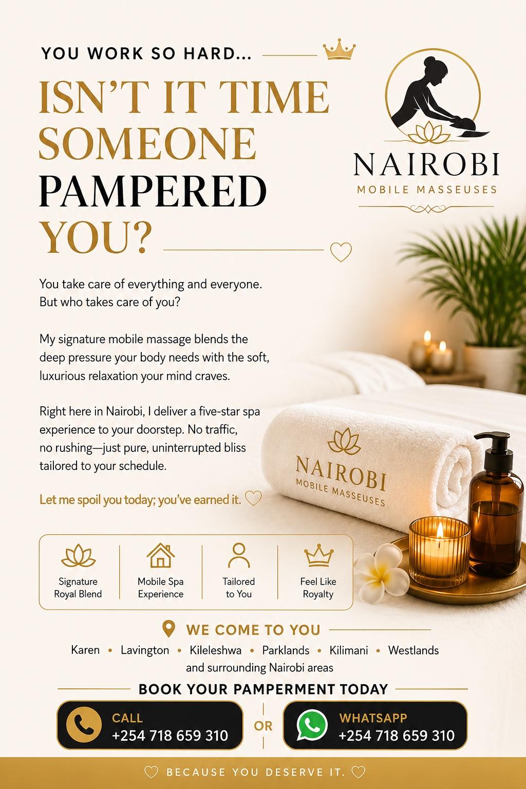 Royal Full Body Massage offered within Nairobi +254718659310