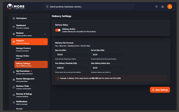 Delivery settings desktop